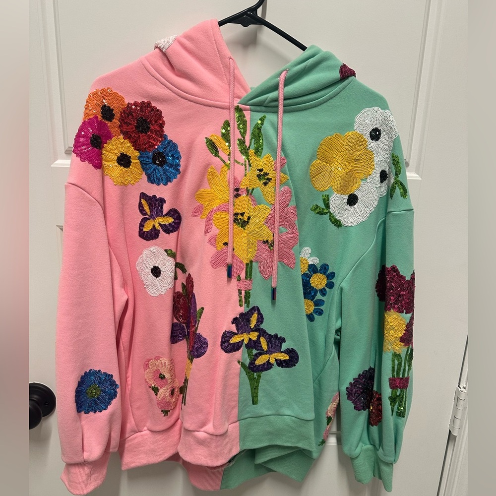 QOS Floral Embroidered Hoodie - Pink & Mint Color-block